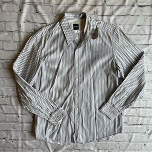 Boss Hugo Boss Fitted Mens Button Down Dress Shirt Career Large White Stripe